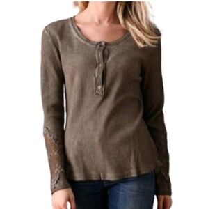 PAPARAZZI Boho Lace Inset Olive Not Your Ordinary Thermal Henley Top NWT